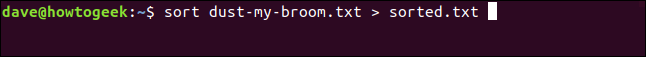 The "sort dust-my-broom.txt > sorted.txt" command in a terminal window.