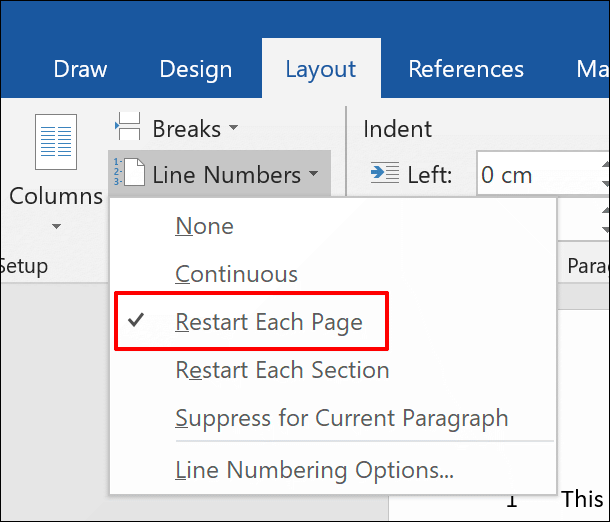 To add line numbers to a Word document that restart on each new page, click Layout > Line Numbers > Restart Each Page