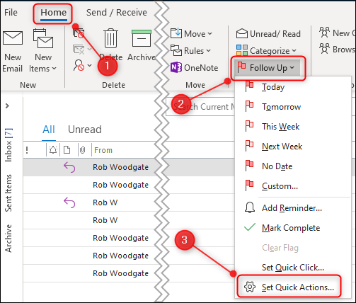 The Follow Up menu with "Set Quick Actions" highlighted.