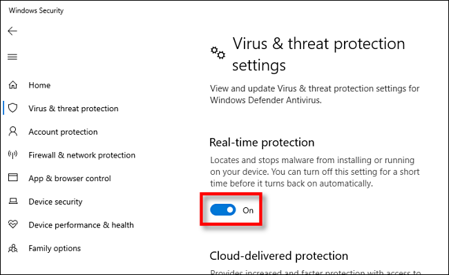 Windows 10 Defender Antivirus Real-Time Protection Option Turned On
