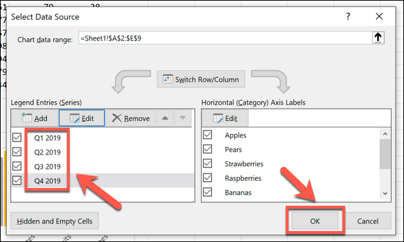 Once you've changed your data series labels, click "OK" to confirm and save.