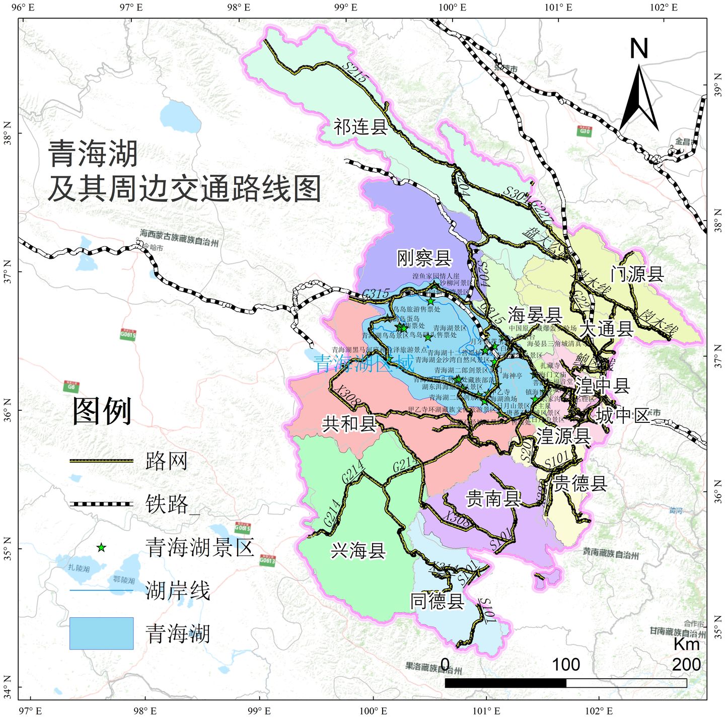 专题图制作（城市地图)——青海湖及其周边交通路线图