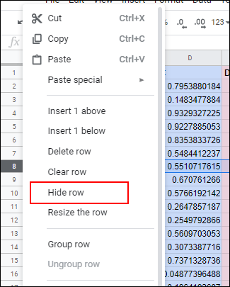 To hide a Google Sheets row, right-click the row header, then click Hide Row