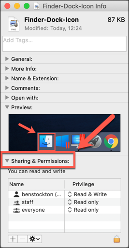 The "Sharing & Permissions" section of the Get Info window for a file on macOS