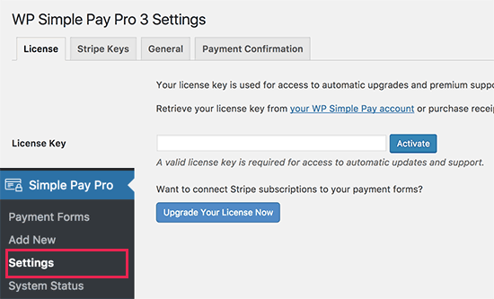 WP Simple Pay settings