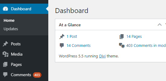 The number of pending comments showing in the WordPress admin sidebar and on the dashboard