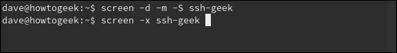 The "screen -X ssh-geek" command in a terminal window.