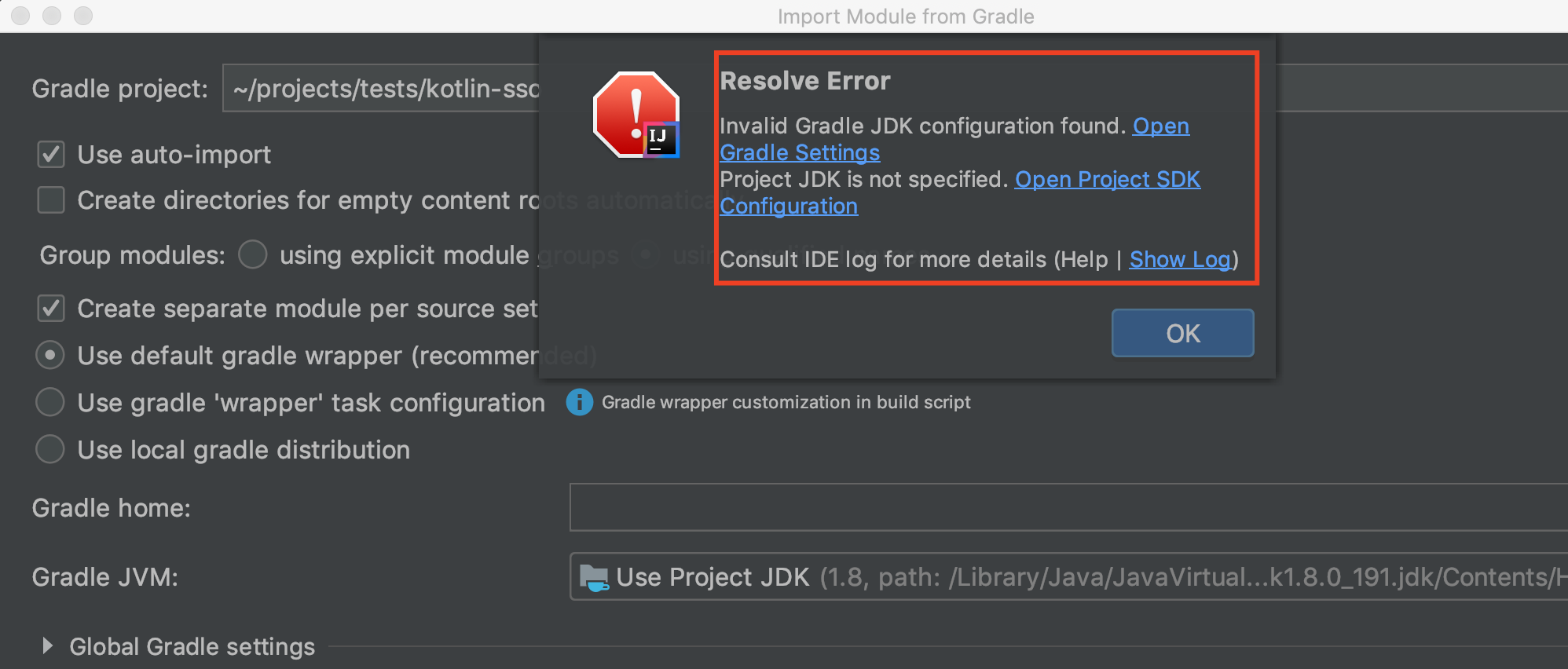 Invalid gradle jdk configuration found.