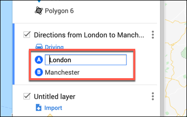 Type departure and arrival locations in the custom directions layer in the Google Maps map editor