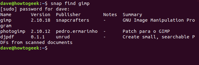 The "snap find gimp" in a terminal window.