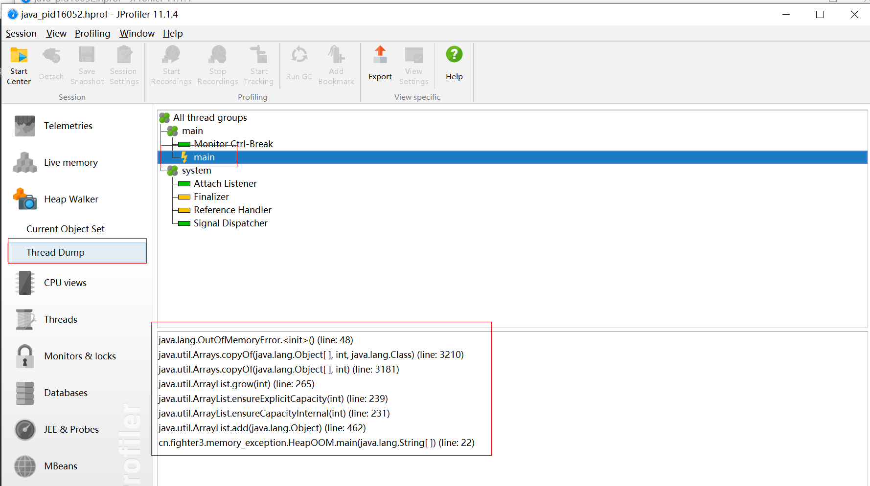 Problemas con el código de vista de jprofiler