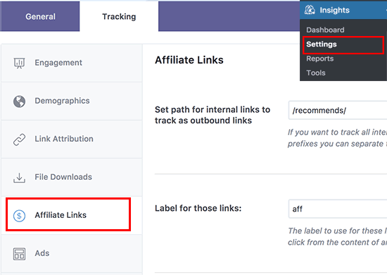Affiliate link tracking in MonsterInsights