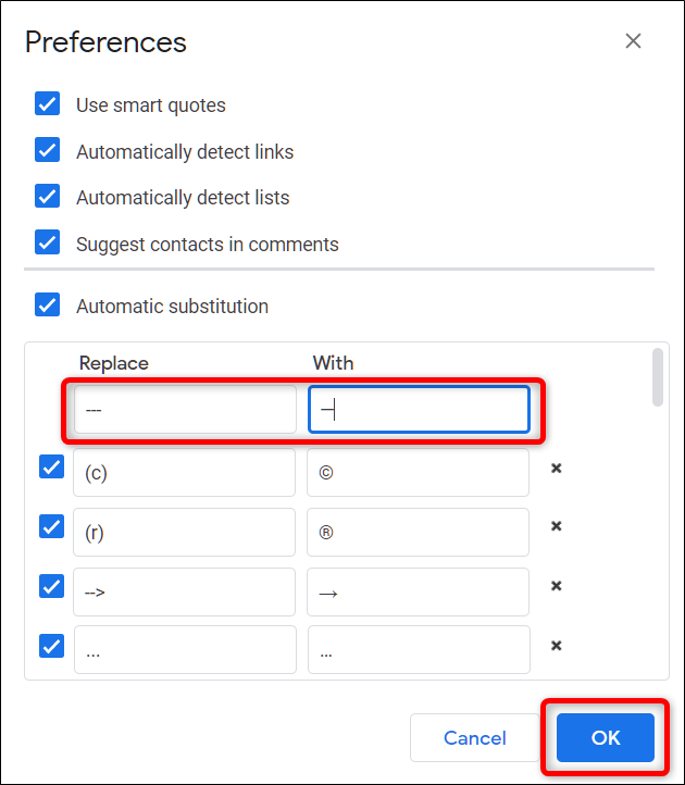 In the sections below, type either two or three hyphens in the "Replace" field, and then paste the corresponding dash you copied into the "With" field, using Ctrl+V.