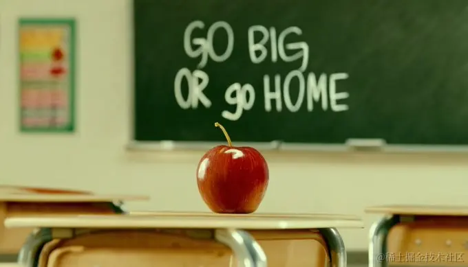 cinematic photo of a red apple on a table in a classroom, on the
