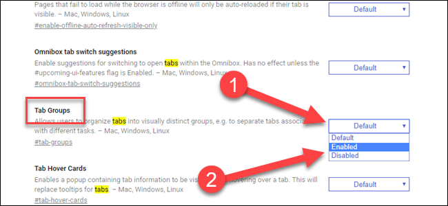 Edge Flag for Tab Groupse, with arrow pointing to dropdown and enabled