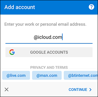 The "Add Account" pane in the Outlook app.