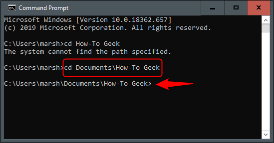 The "cd Documents\How-To Geek" command in Command Prompt.