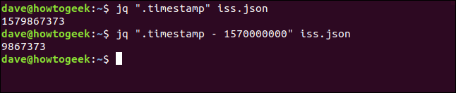 The "jq ".timestamp" iss.json" and "jq ".timestamp - 1570000000" iss.json" commands in a terminal window.