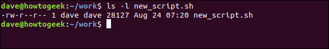 ls -l new_script.sh in a terminal window