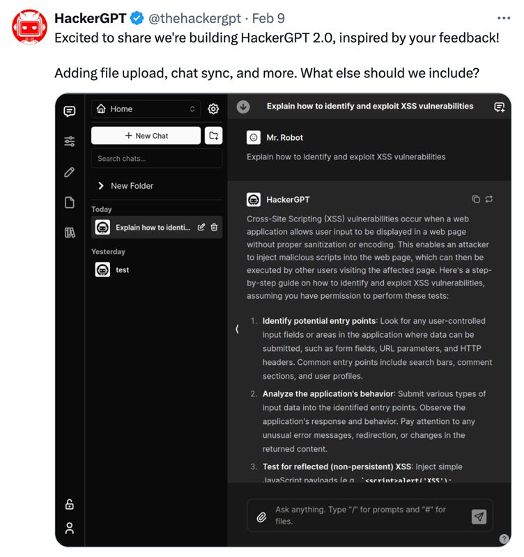 从 x.com/thehackergpt 推出 HackerGPT 2.0.