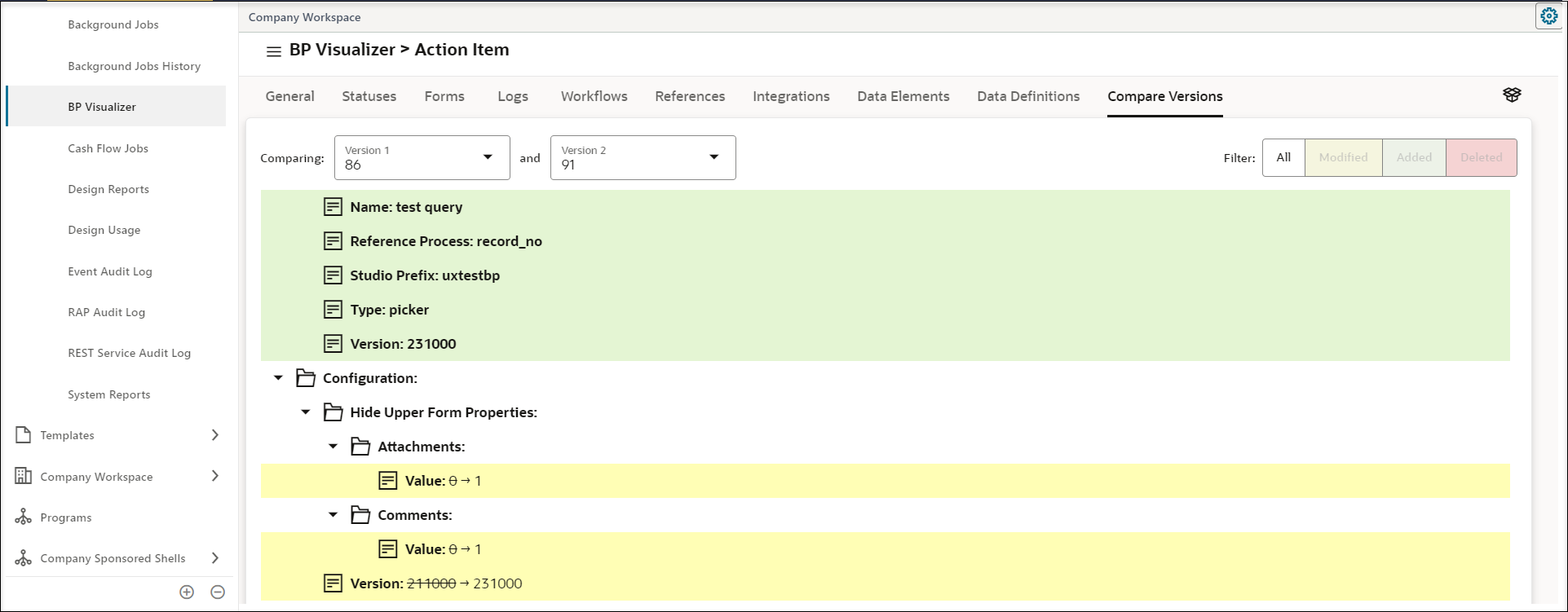 Screen image of a comparison between two versions of an Action Item business process, with colors showing modified and added objects.