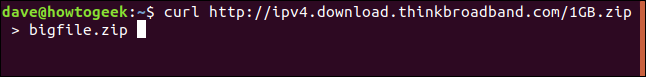 The "curl http://ipv4.download.thinkbroadband.com/1GB.zip > bigfile.zip" command in a terminal window.