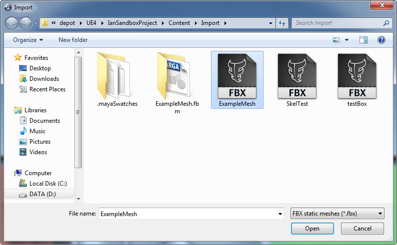 正在显示FBX导入文件的文件窗口