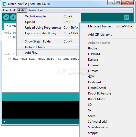 Arduino 库安装 - 在 Arduino IDE 中选择“管理库”