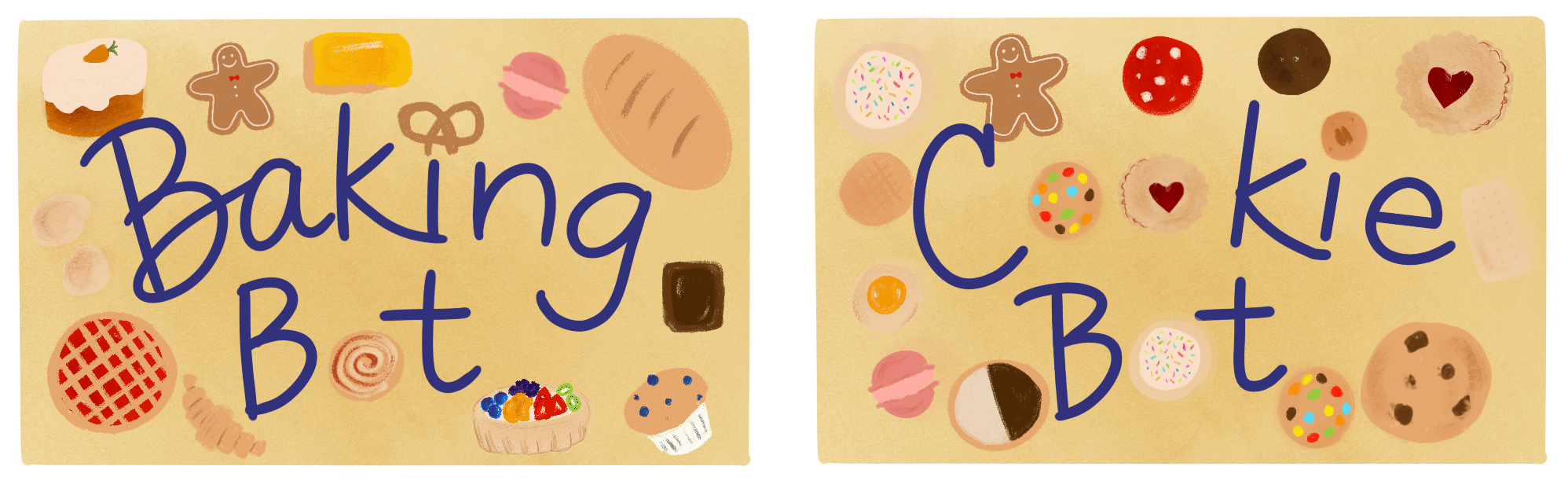 Branding images. Similar handwritten logos on yellow background. BakingBot shows baked good variety, CookieBot shows cookies.